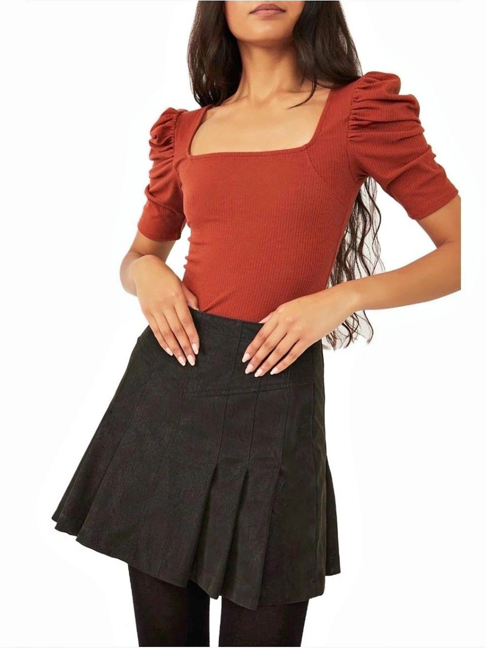 We The Free Night Lily Top Ribbed Square Neck Puff Sleeve Sienna Medium